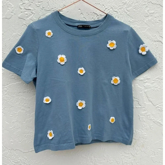 Zara Womens Short Sleeve Crew Neck Embroidered Daisy Flowers T Shirt Blue Sz M - Picture 12 of 12
